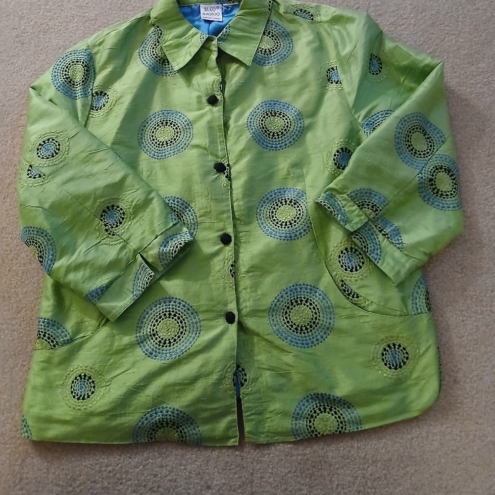 BLEU BAYOU  Large Lime Green Silk Blazer  Long Sleeves  Circular Pattern FL